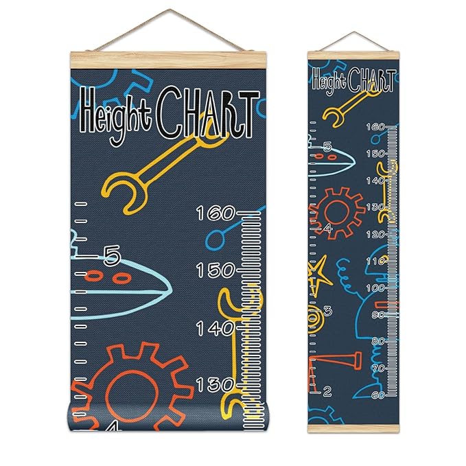 Kids Growth Chart Ruler for Wall Wood Frame Height Measure Chart 13.4x56 in Linen Hanging Height Growth Chart Robot Space Rocket Spaceship Kids Room Decor