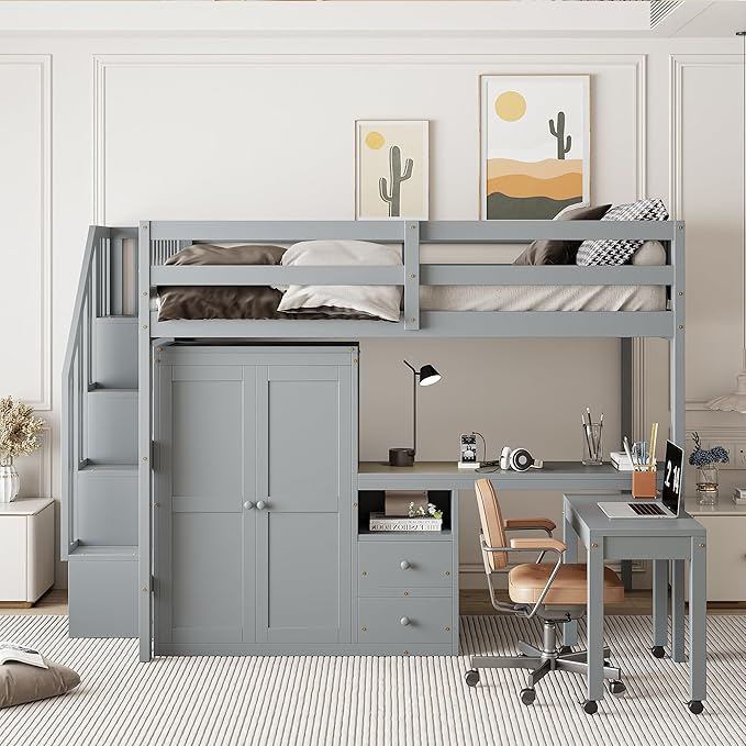 Merax Full Multifunction Loft Bed with Desk, Wardrobe, Drawers, Wood Loft Bed with Staircase & Full Length Gardrails for Boys, Girls, No Box Spring Needed Gray