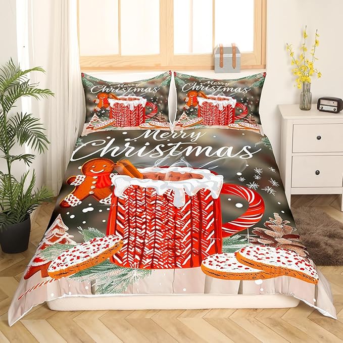 Manfei Christmas Duvet Cover Set Queen Size, Snowflake Pine Print Comforter Cover with 2 Pillowcases, New Year Theme Bedding Set 3pcs for Kids Boys Girls Bedroom Decor,No Comforter