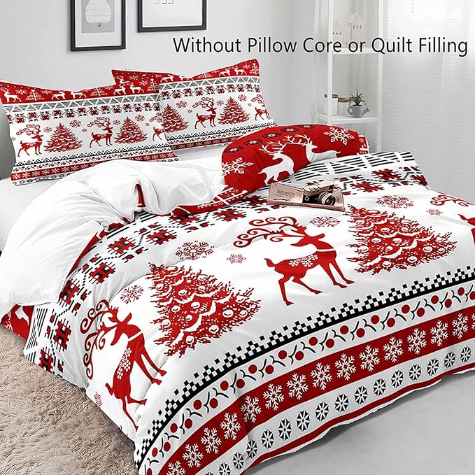 LUVIVIHOME 2PCS Christmas Duvet Cover Twin Bedding Sets, Red and White Striped Duvet Cover, Reindeer Deer Christmas Tree Snowflake Winter Holiday Xmas New Year Comforter, 1 Pillow Sham