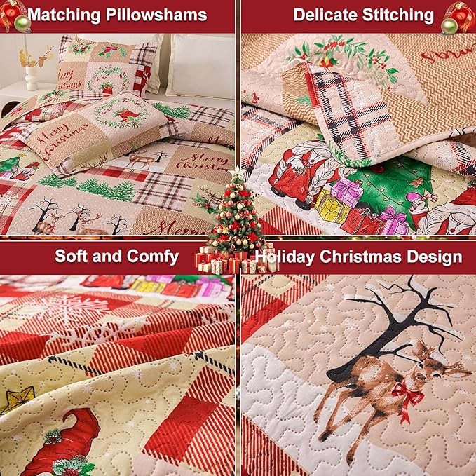 Christmas Bedding Set King Christmas Quilt Bedspread,Gnome Santa Claus Plaid Patchwork Xmas Quilt Set Bedding Holiday Christmas Quilts Decor Gift Elk Pattern Lightweight Reversible Bedspread Coverlet