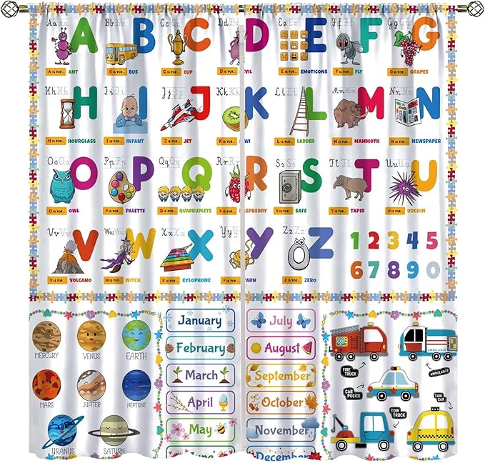 Alphabet Curtain for Kids Room ABC Letter Educational Learning Animal Number Printed Rod Pocket Blackout Window Drapes for Bedroom Playroom Classroom 42" W X 45" L