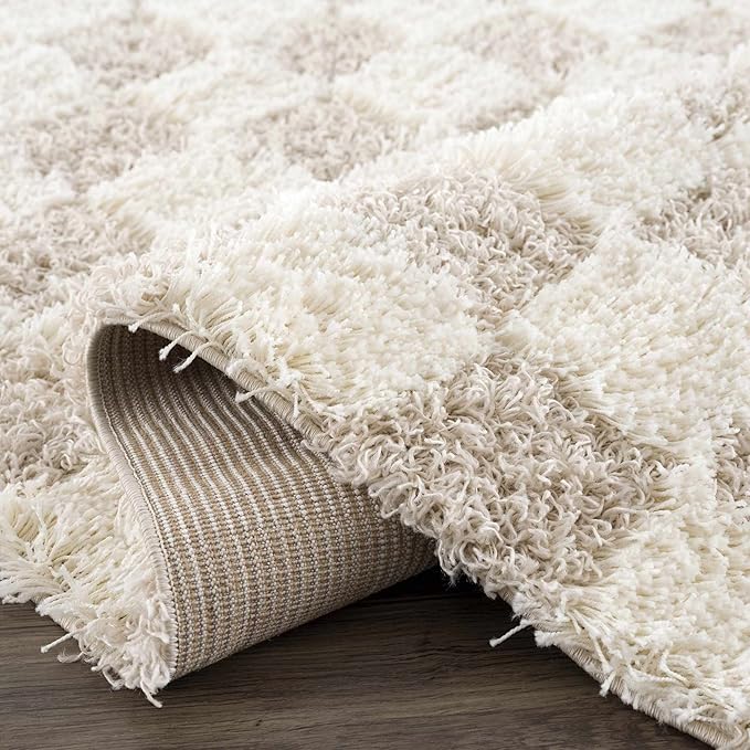 Hauteloom Atira Contemporary Checkered Fluffy Shag Runner Rug - Modern Geometric Carpet Tiles for Hallway, Kids Room - Plush Pile Carpet Squares - Cream,Light Beige - 2'7" x 10'