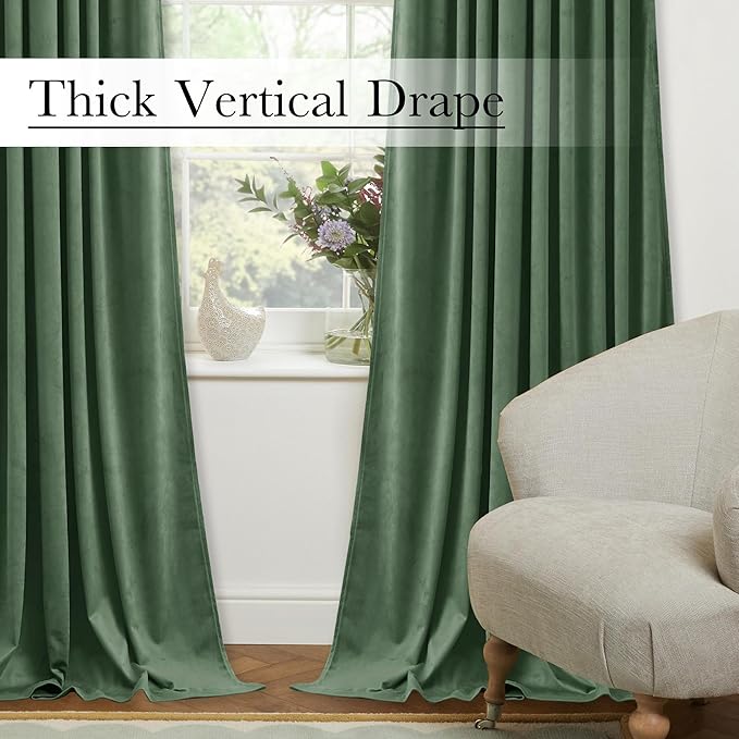 StangH Emerald Green Velvet Curtains 96 Inches Long, Room Darkening, Thermal Insulated Drapes for Bedroom, Living Room, Home Theater, Soft Rod Pocket Back Tab Window Treatment, 52x96 inch, 2 Panels