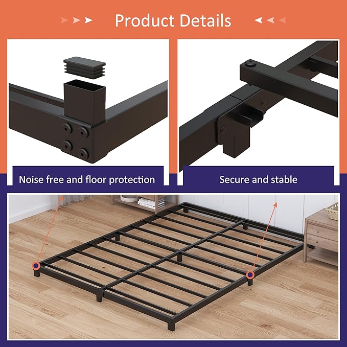 3 Inch Bed Frame Full Low Profile, Full Size Metal Bed Frame No Box Spring Needed, Heavy Duty Metal, Easy Assembly, Black