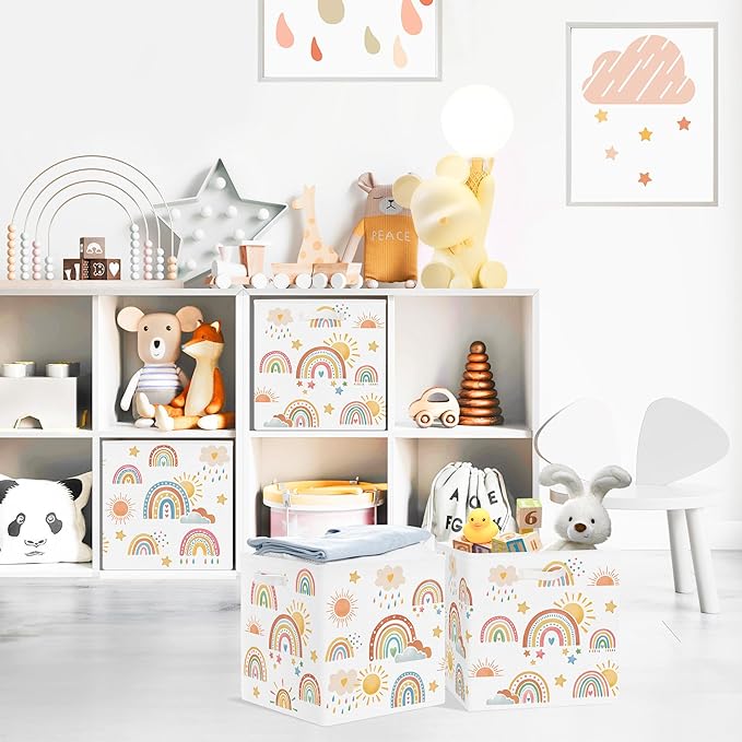 Clastyle Rainbow Kids Storage Cube Organizer Set Boho Closet Clothes Cube Storage Bin Nursery Toddler Toy Box Chest Boys Girls Book Shelf Basket,Sun,11.8x11.8x11.8 in