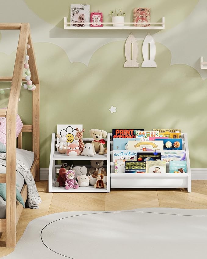 Kids Bookshelf, Book Shelf for Kids Rooms, Toddler Bookshelf with 2 Open Shelves and 4-Tier Sling Rack, for Kid Room, Nursery, Bedroom, Playroom, White TCW16WB