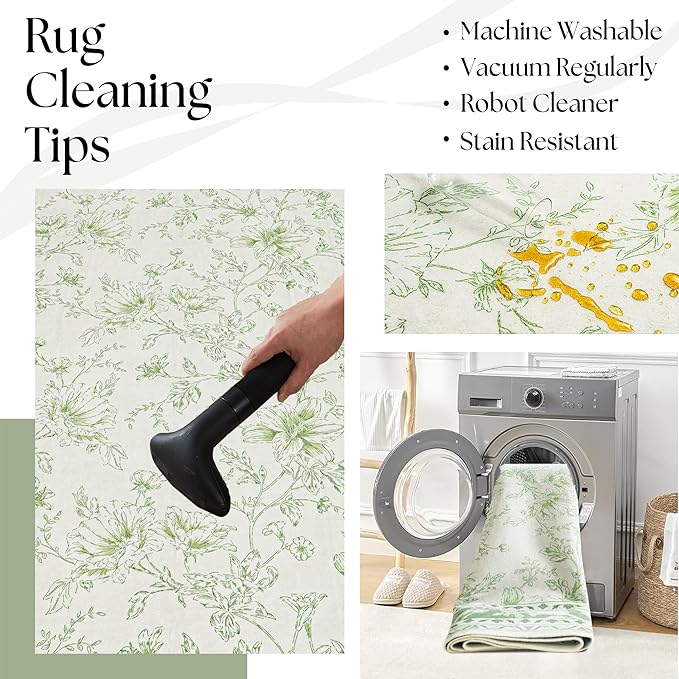 Sage Green Area Rugs 10x12 for Living Room Boho Washable Extra Large Floral Floor Covering, Cream Beige Green Rugs Bedroom Dining Room, Non Slip Farmhouse Floor Carpet for Kids Playroom Nursery