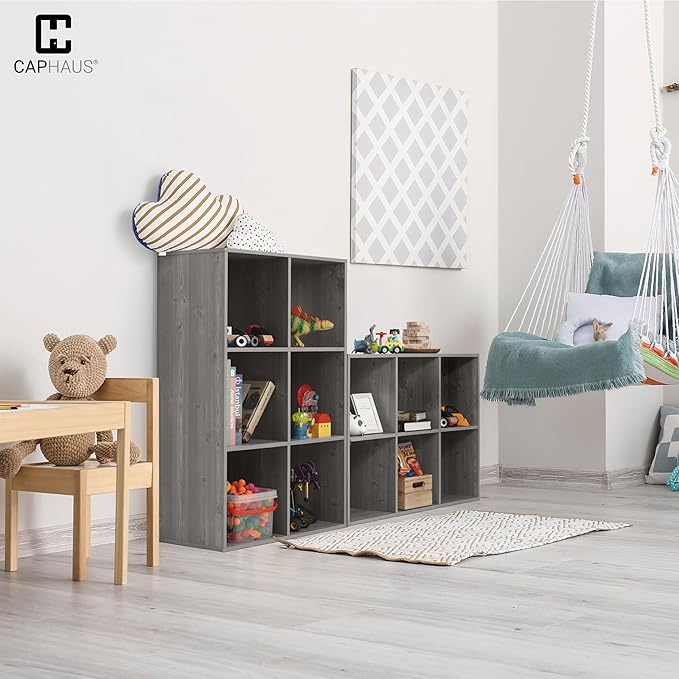 CAPHAUS 11-Inch Cube Storage Organizer Shelf, Home Storage Shelf Divider w/Back, 9-Cube Storage Bookcase, Greige Oak