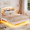 ADORNEVE Full Bed Frame with LED Lights, Princess Velvet Upholstered Platform Bed for Girls, Headboard with Charging Station & Guardrail & Crystal Button, No Box Spring Needed,Beige