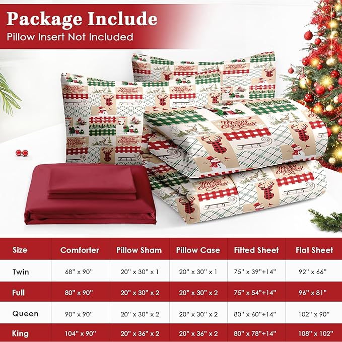 7 Pcs Queen Size Christmas Comforter Set with 2 Pillowcases & 2 Shams, Winter Xmas Plaid Bedding for Kids and Adults, Cute Snowman Reindeer Bed in a Bag with Flat Fitted Sheet