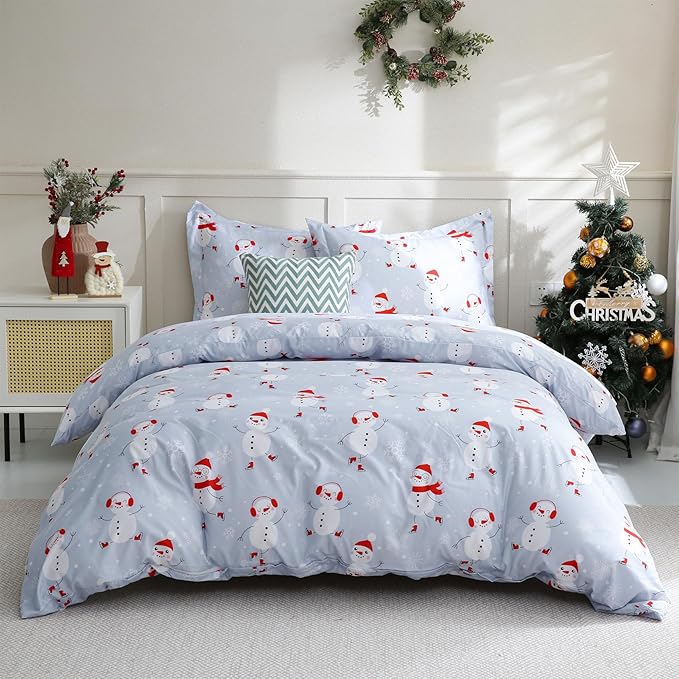 JSD Snowman Kids Duvet Cover Set Twin Size, 2 Piece Blue Printed Christmas Microfiber Comforter Cover with Pillow Sham Zipper Closure, Comforter Not Included