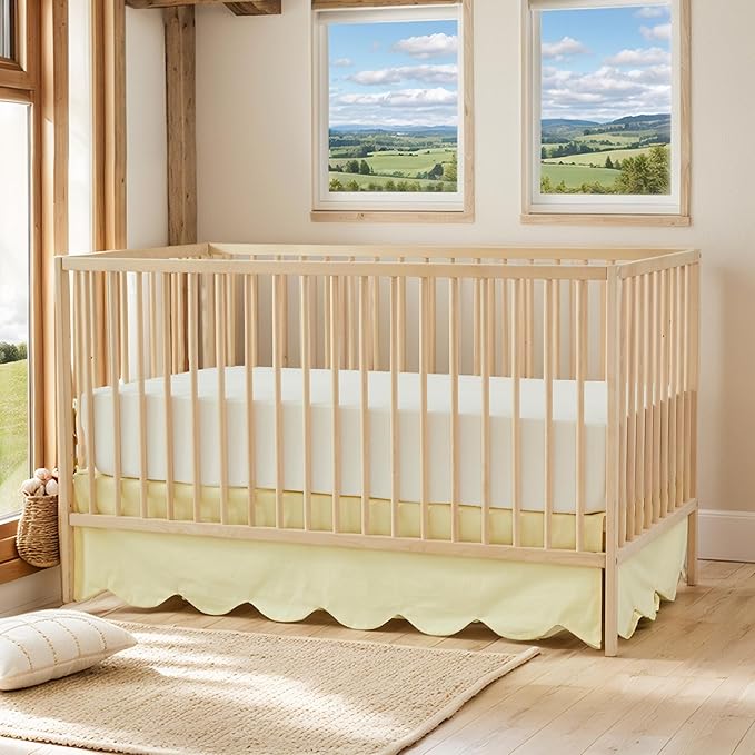 Brandream Scallop Edge Cotton Crib Skirt Toddler Bedskirt Baby Nursery Crib Bed Skirt Boho Bohemian Neutral Solid Color Light Yellow Farmhouse Chic Bedding Skirt