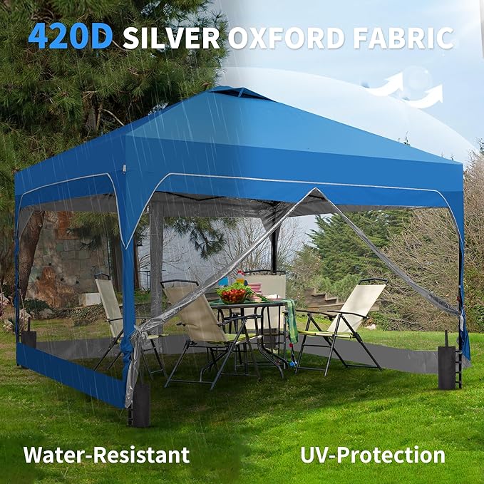 GDY 12x12FT Pop Up Canopy Tent with One Push Setup, Easy Setup Gazebo with 4 PVC Transparent Sidewalls for Events, Parties, Camping, Blue.
