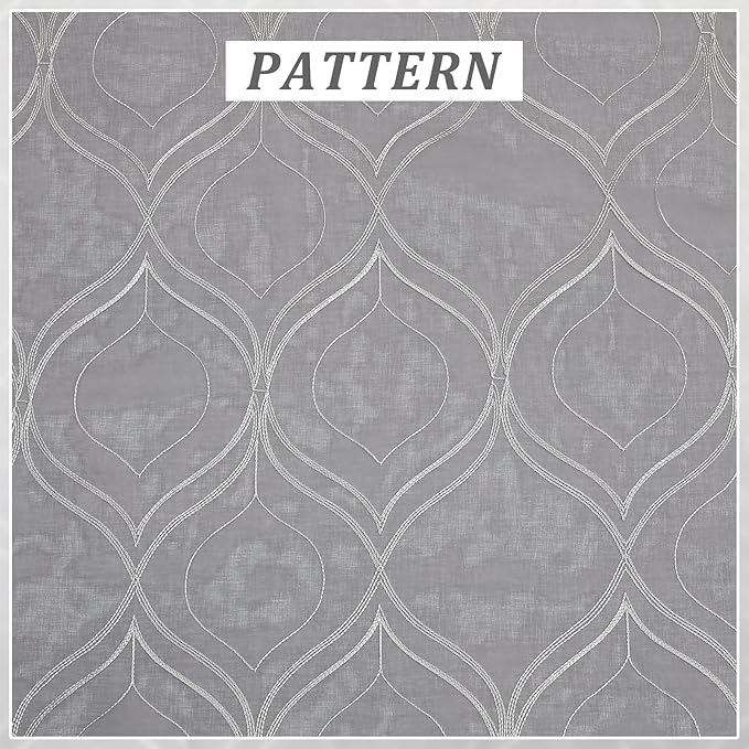 VISIONTEX Sheer Curtains 63 Inch Length 2 Panels Set Light Grey Moroccan Embroidered Curtains Trellis French Textured Rod Pocket Voile Tulle Semi Window Drapes for Bedroom Living Room 54 x 63 Inches
