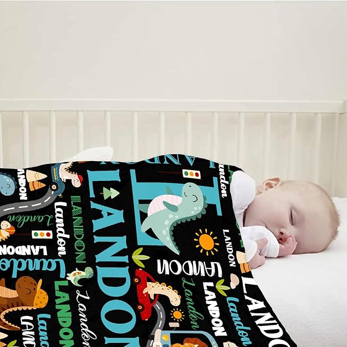 Personalized Dinosaur Preschool Blanket for Toddler Kids Boys with Name - Super Soft Lightweight Customized Dino Truck Baby Crib Fleece Sheets Decor for Couch Girls - Custom Dinosaur Gifts - 30" X 40"
