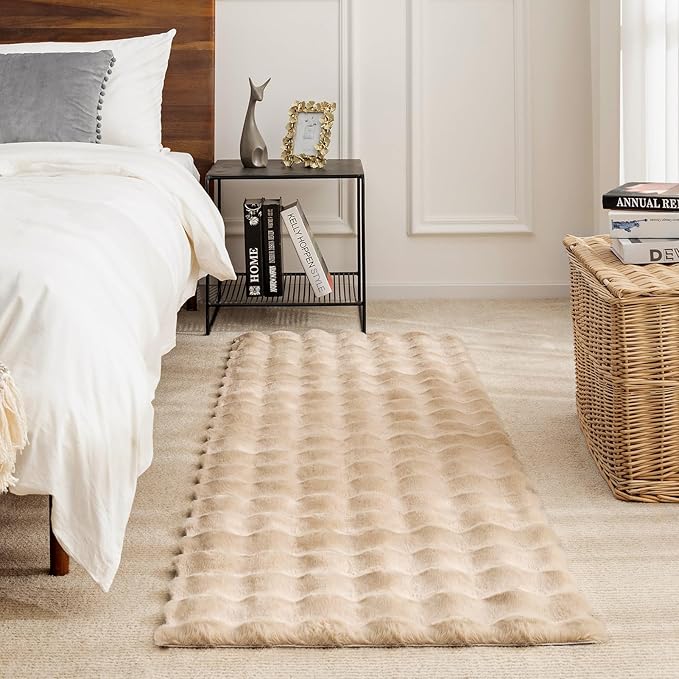 Ashler Faux Rabbit Fur Area Rug, Beige 2x3 FT Fluffy Soft, Rectangle Fuzzy Carpet for Living Room, Bedroom, Machine Washable Shaggy Nursery - 3D Bubble