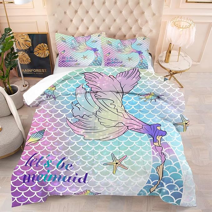kxry Mermaid Tail Comforter Set Queen Size Gradient Fish Scales Sea Bedding Sets for Girls Teens Kids Ocean Starfish Conch Soft Microfiber Lightweight Comforter Set with 1 Comforter + 2 Pillow Cases