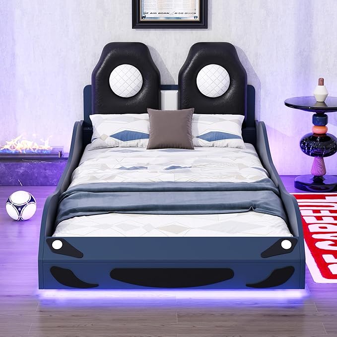 Bellemave Wood Twin Size Race Car-Shaped Platform Bed with LED and Upholstered Backrest, Kid's Platform Bed Frame with Race Car-Shaped and Safety Guardrails for Kids, Boys, Girls.(Blue)