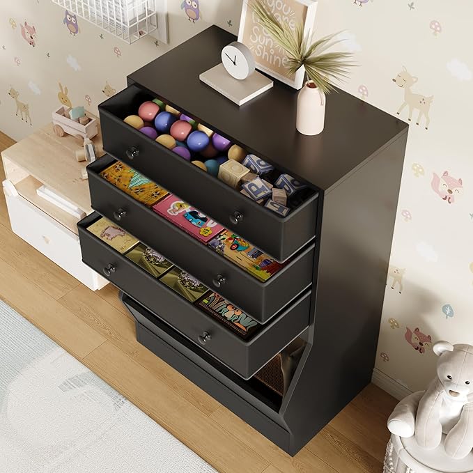 MHOM Toy Storage Organizer with Open Cube, Kids Bookshelf and Toy Storage with PU & Non-Woven Fabric Drawers, Small Book Shelf for Kids Rooms, Playroom and Nursery, Black