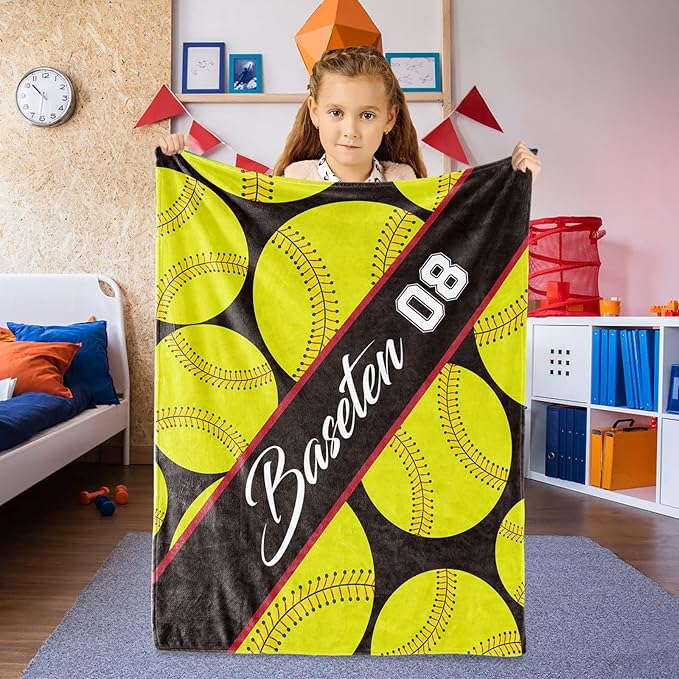 Personalized Softball Baby Blanket Gifts: Custom Soft Flannel Fabric Blankets with Name Number for 0-6 Years Kids Boys Girls - Warm and Comfortable(60X80inch)