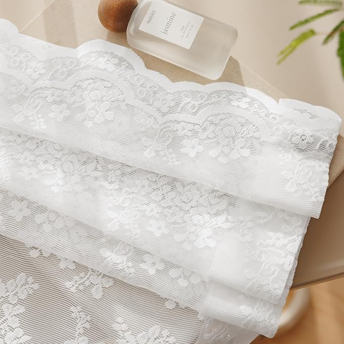 Anmao Vintage Lace Curtains 54 Inches Long 2 Panels Set, Romantic Elegant Light Filtering Semi Sheer Floral Thick Lacy Curtain Drapes for Living Room and Bedroom, Each Panel 55W x 54L, Bright White