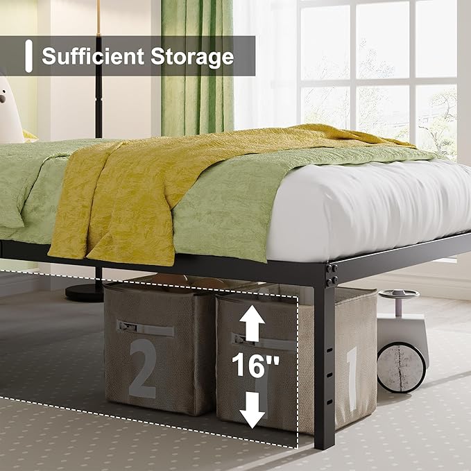 EMODA 18 Inch Twin Bed Frame No Box Spring Needed, Heavy Duty Tall Metal Twin Platform Bed Frames with Large Storage Space, Noise Free, Easy Assembly, Black
