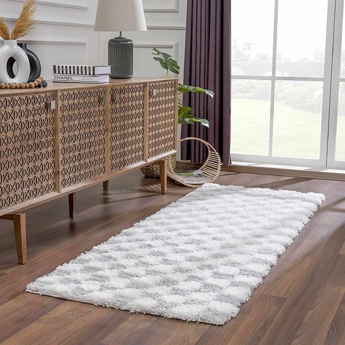 Hauteloom Atira Contemporary Checkered Fluffy Shag Area Rug - Modern Geometric Carpet Tiles for Living Room, Kids Room, Nursery - Plush Pile - Gray, Cream, White - 6'7" x 9'6"