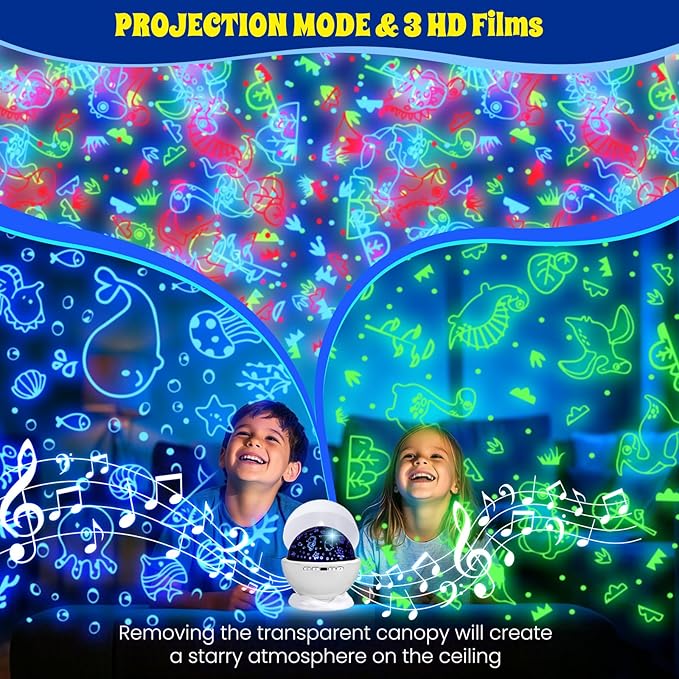 Night Light Projector,Night Light for Kids Room with Remote and Timer,360° Rotation,3 Projection Films,18 Light Modes,8 Lullaby Songs,Kids Night Lamp, Birthday Christmas Gifts for Boys Girls (white)
