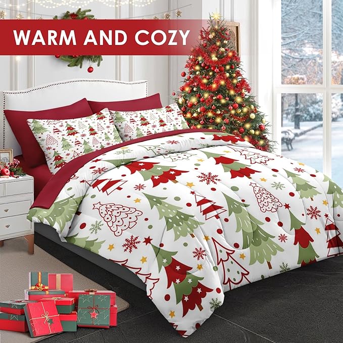 7 Pcs Queen Size Christmas Comforter Set with 2 Pillowcases & 2 Shams, Colorful Xmas Tree Bedding for Kids and Adults, Funny Winter Holiday Bed in a Bag with Flat Fitted Sheet