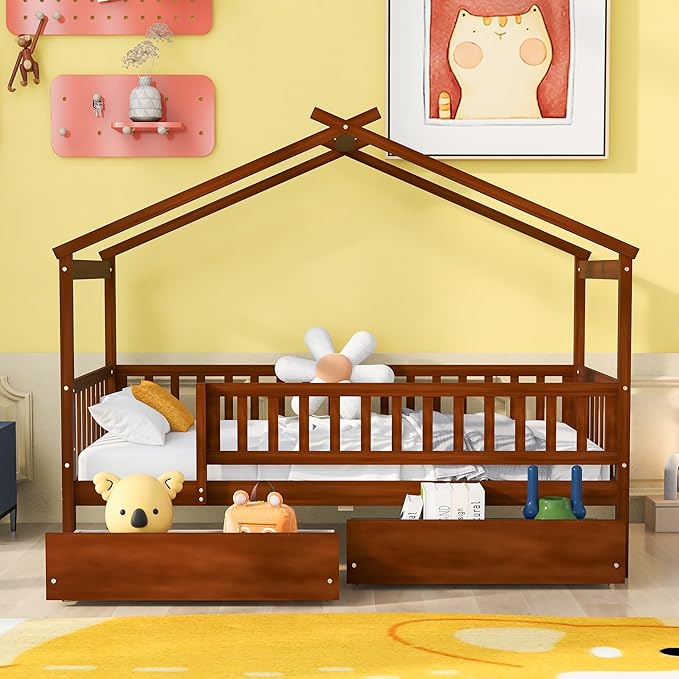 Merax Twin Size Wooden House Bed with Two Drawers, Wood Bed Frame with Roof and Safety Guardrail for Kids, Teens, Boys or Girls, Walnut