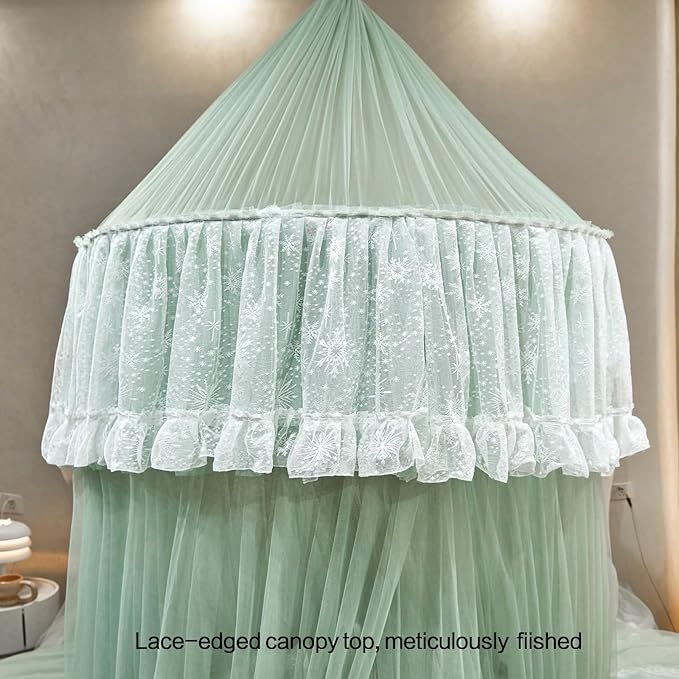 AIKASY Princess Bed Canopy for Girls – Double Layer Sheer Mesh Dome with Romantic Lace Trim, Dreamy Mosquito Net Tent for Twin/Full/Queen/King Beds(Mint Green)