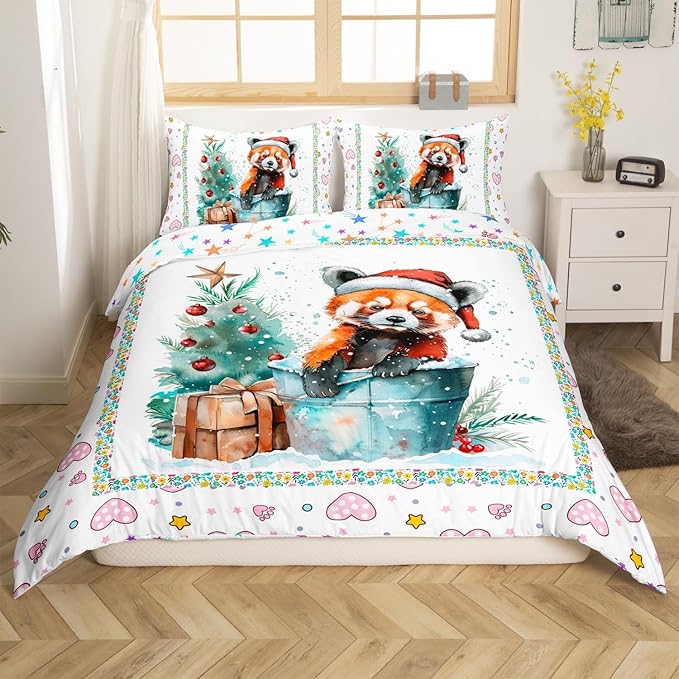 Feelyou Christmas Duvet Cover Set Xmas Tree Bedding Set for Kids Boys Girls Red Panda Love Print Comforter Cover Cute Animal Quilt Cover Room 2Pcs Toddler Size,Zipper,No Comforter