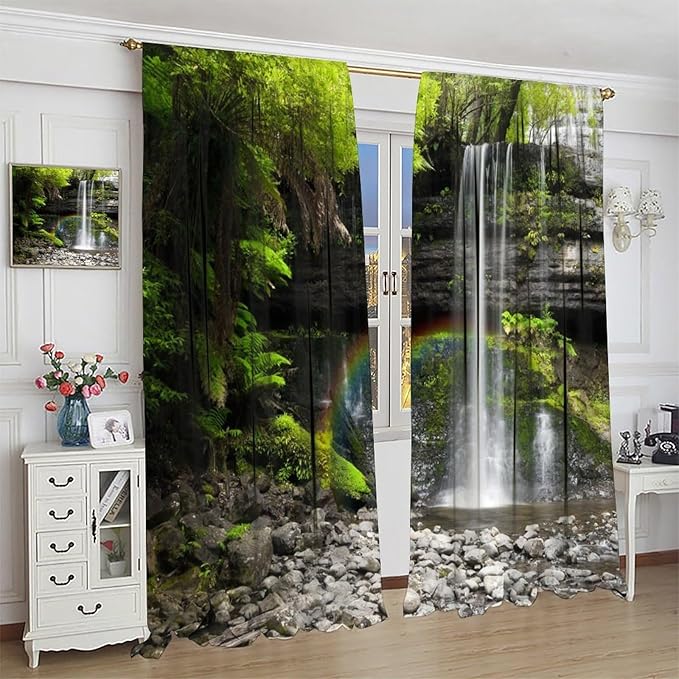 Natural Landscape Waterfall Blackout Curtains, Forest Falls Spring Natural Scenery Green Plant Tree Leaf Rod Pocket Window Drapes, for Bedroom Living Room 55" W X 63" L