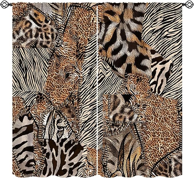 Leopard Print Curtains, Brown Wild Cheetah Zebra Animal Fur Farmhouse Window Curtains for Bedroom Kitchen Living Room 72" W X 63" L