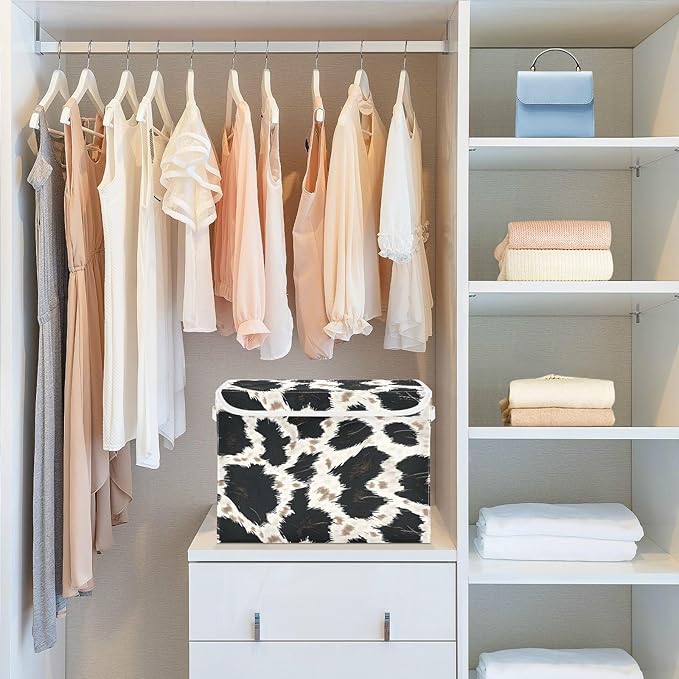 senya Large Storage Bins with Linen Collapsible Foldable Storage Cubes Fabric Closet Organizer Containers box with Flip-Top Lid for Home Bedroom Office 16.7 x 12.6 x 11.8in (Animal Skin Texture)