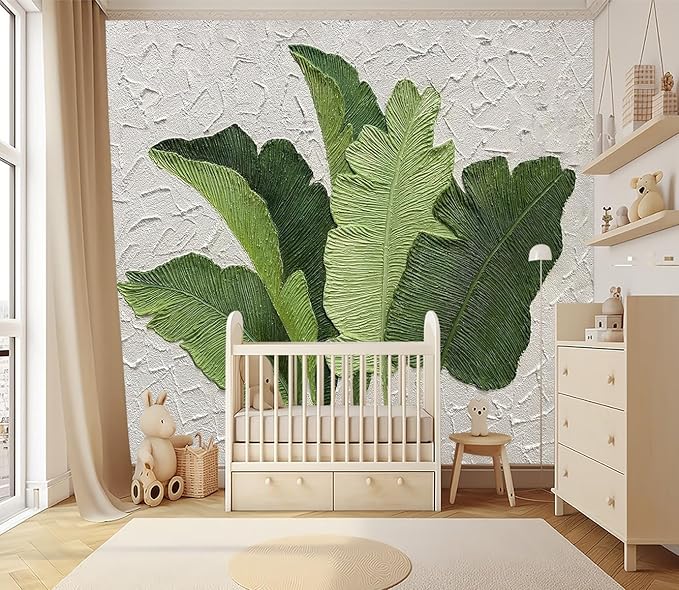 XMPMBM-Hand-Painted Banana Leaf Art Fabric Wallpaper Graffiti Green Leaf Living Room Bedroom Bathroom Wall Mural-W 176" X H 113"（138 Square Foot）