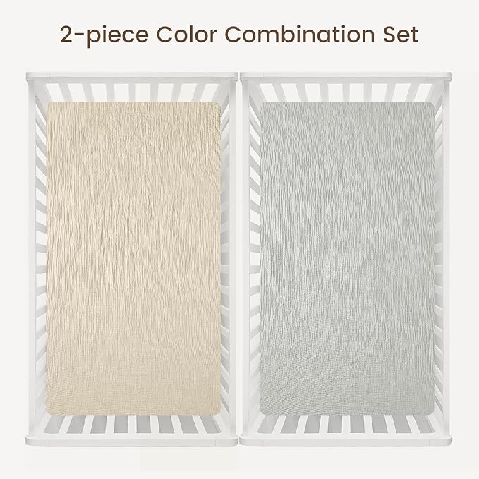 david's kids Muslin Crib Sheets for Boys Girls, 2 Pack 100% Cotton Soft Breathable Fitted Baby Neutral Sheet Set, Standard 52"x28" Crib and Toddler Mattress, Oat Milk & Light Gray