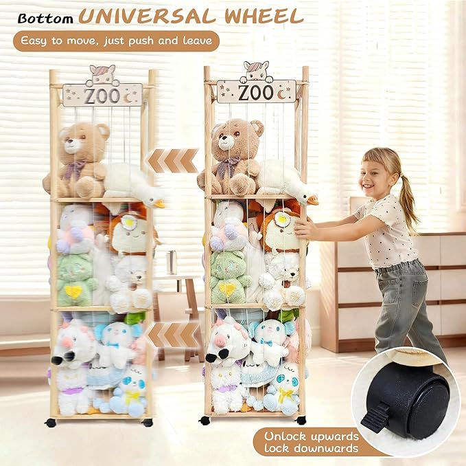 Wooden Stuffed Animal Storage Zoo Organizer - Large Capacity Plushies Holder with Elastic Cords for Stuffed Animals Storage in Playroom, Bedroom and Nursery
