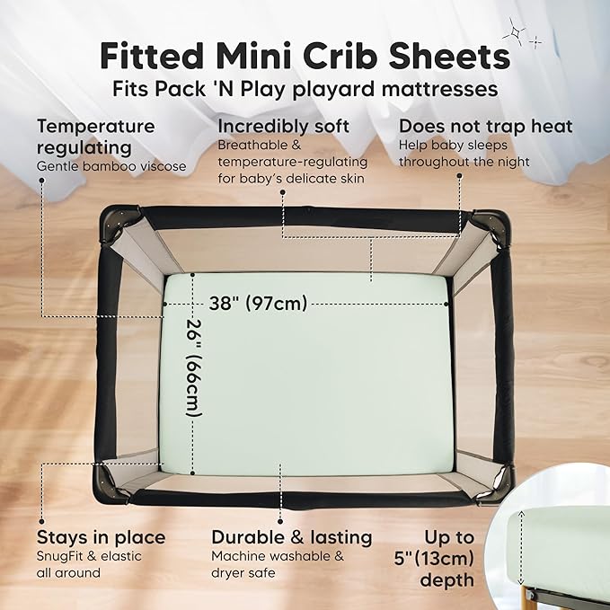 Pack and Play Sheets Fitted - 2-Pack Mini Crib Sheets for Pack N Play Mattress 38x26, Soft & Cozy, Neutral Toddler Playard Bedding, Snug Fitted Mini Baby Crib Mattress Cover Boy, Girl (Aloe)