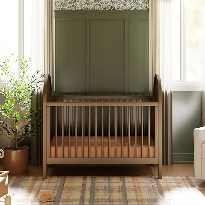 Babyletto Bondi Cane 3-in-1 Convertible Baby Crib - GREENGUARD Gold Certified Convertible Crib to Toddler Bed & Daybed - Wooden Baby Bed 4 Adjustable Heights - Made of 100% Solid Wood - Natural Walnut