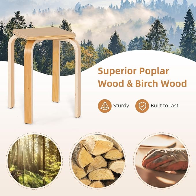 GOFLAME Stackable Wooden Stools Set of 4, Backless Chairs with Square Top, Anti-Slip Felt Mats, Portable Seating for Classroom, Office, Dinning Room, Living Room, Kitchen, Bar Counter, Natural