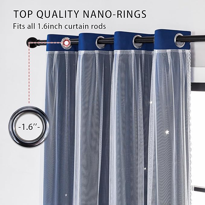 XiDi Blackout Curtains for Bedroom & Living Room - Double Layer, 84 Inch Long Navy Blue Unicorn Curtains for Kids & Girls Room
