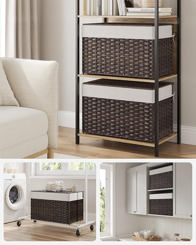 SONGMICS Storage Basket with Lid, 27.7 Gallon (105L) Storage Bin, Woven Blanket Storage Basket with Handles, Foldable, Removable Liner, Metal Frame, for Bedroom, Laundry Room, Brown URST066K01