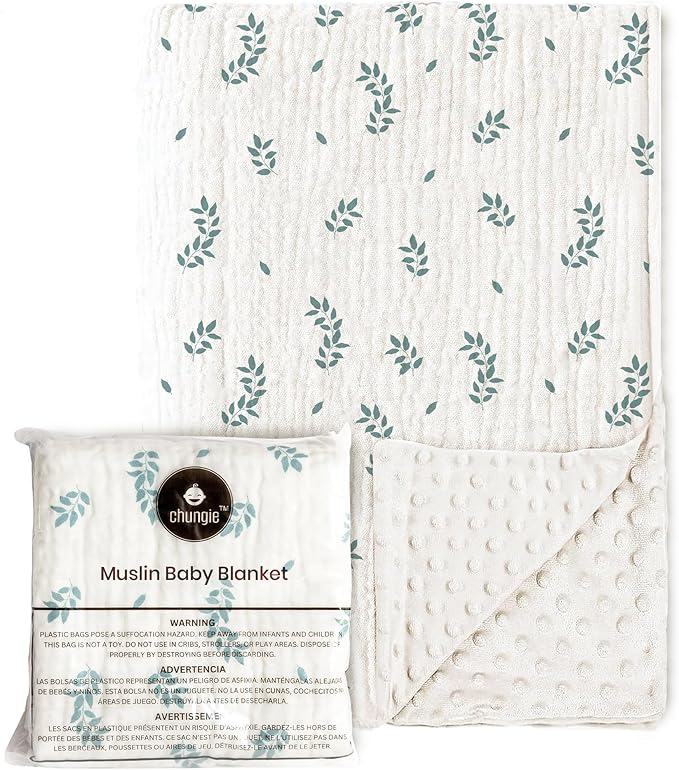 Chungie Soft Baby Blanket 40x30 inches – 100% Cotton Muslin Front & Plush Minky Fleece Back, Multi-Layer Blanket for Baby Boys & Girls, Nursery Bed Blanket, Newborn & Toddler Use