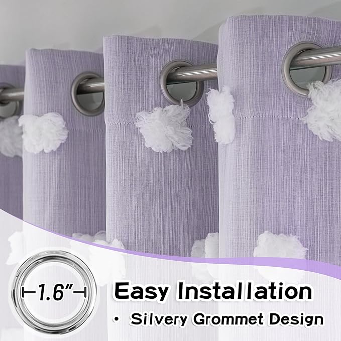 MYSKY HOME Lilac Curtains for Living Room 84 Inches Long Pom Pom White Sheer Curtains for Girls Room Nursery Curtains Double Layer for Toddler Bedroom Grommet Room Darkening Window Panels 52 x 84 in