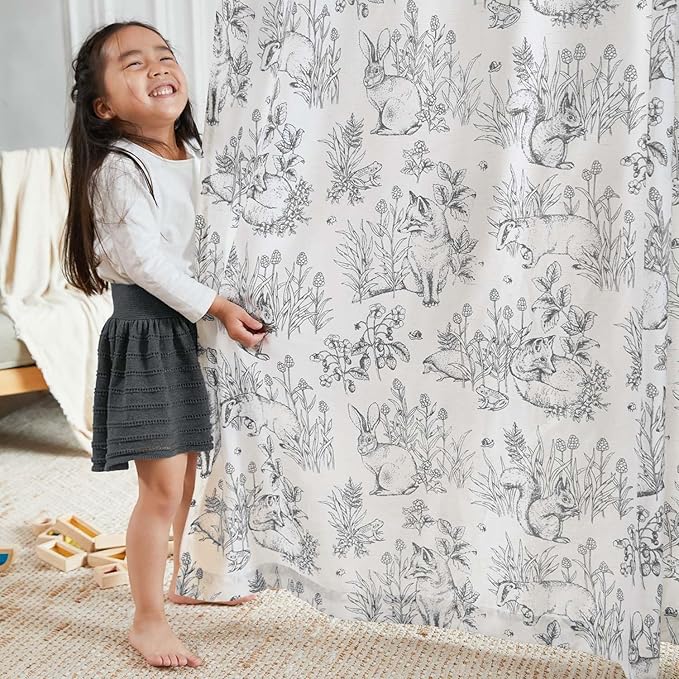 jinchan Linen Nursery Curtains 96 inch Long Woodland Wildlife Grey Print Drapes for Kid's Room Light Filtering French Country Farmhouse Gray Curtains with Bunny and Forest Design Set of 2 Panels