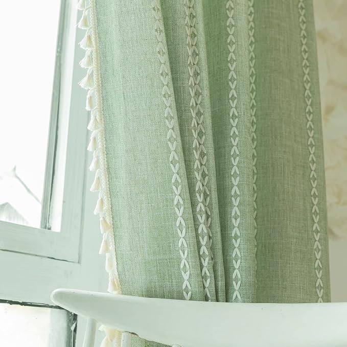 Deeprove Green Boho Curtains 84 Inches Long for Bedroom Living Room, Cotton Linen Weighted Stripes Embroidery, Semi Blackout Bohemian Farmhouse Window Treatment Drape Tassels 1 Panel W52 x L84 Sage