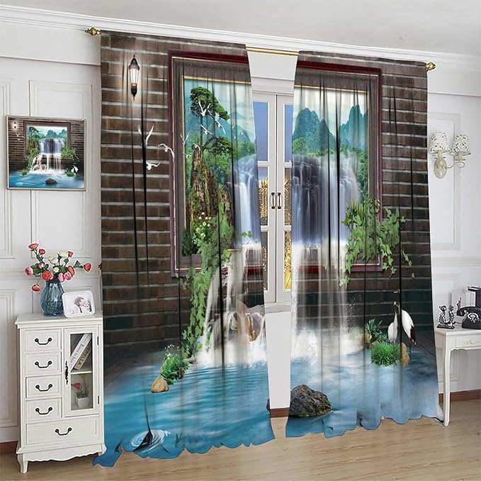 Waterfall Blackout Window Curtains, Tropical Rainforest Jungle Plants Forest Wild Nature Landscape Window Drapes, for Living Room Bedroom 63x72in 2 Panels