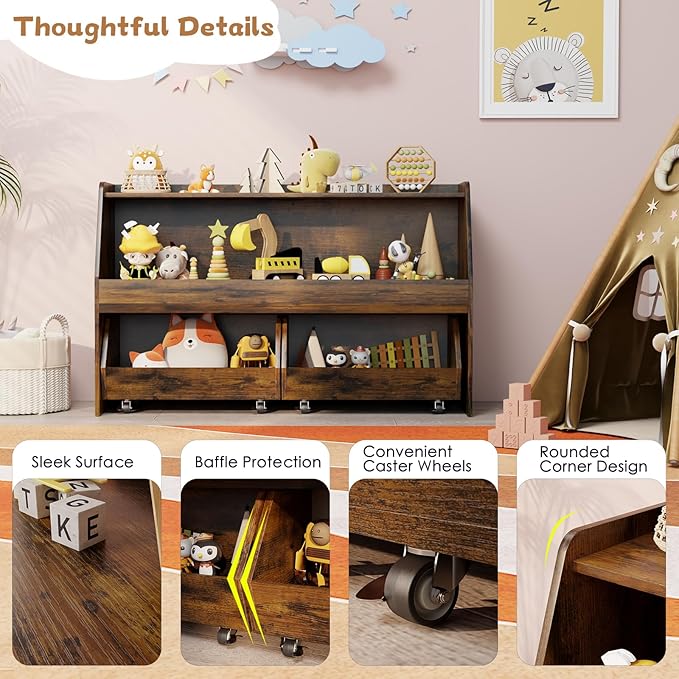 COZPAW Toy Storage Organizer, 2 Tier Montessori Shelf with Movable Bins, Toy Organizers Book Shelf for Kids Room, Playroom, Nursery (Brown)